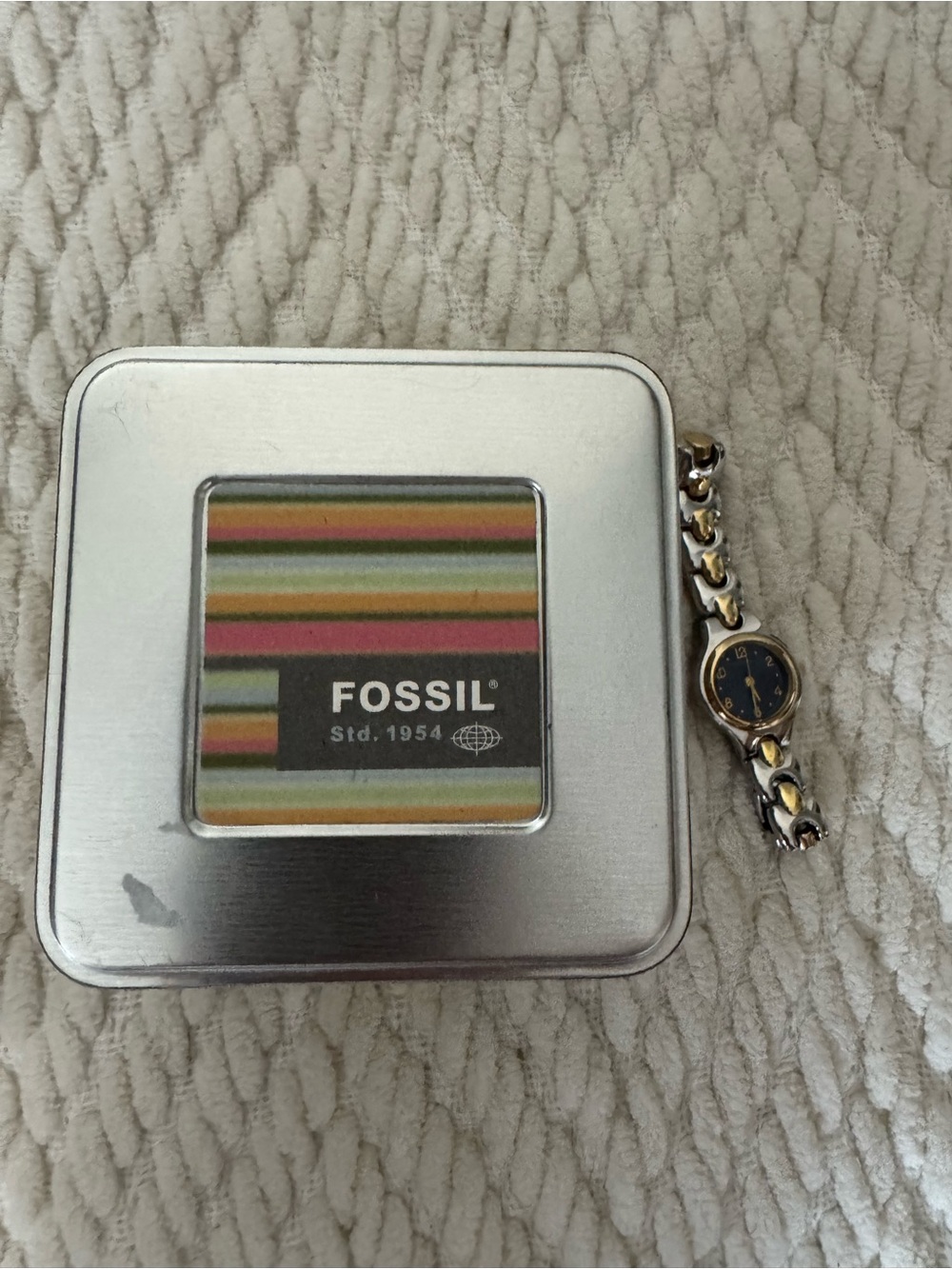 Fossil Two-Tone Link Bracelet Watch with Blue Dial